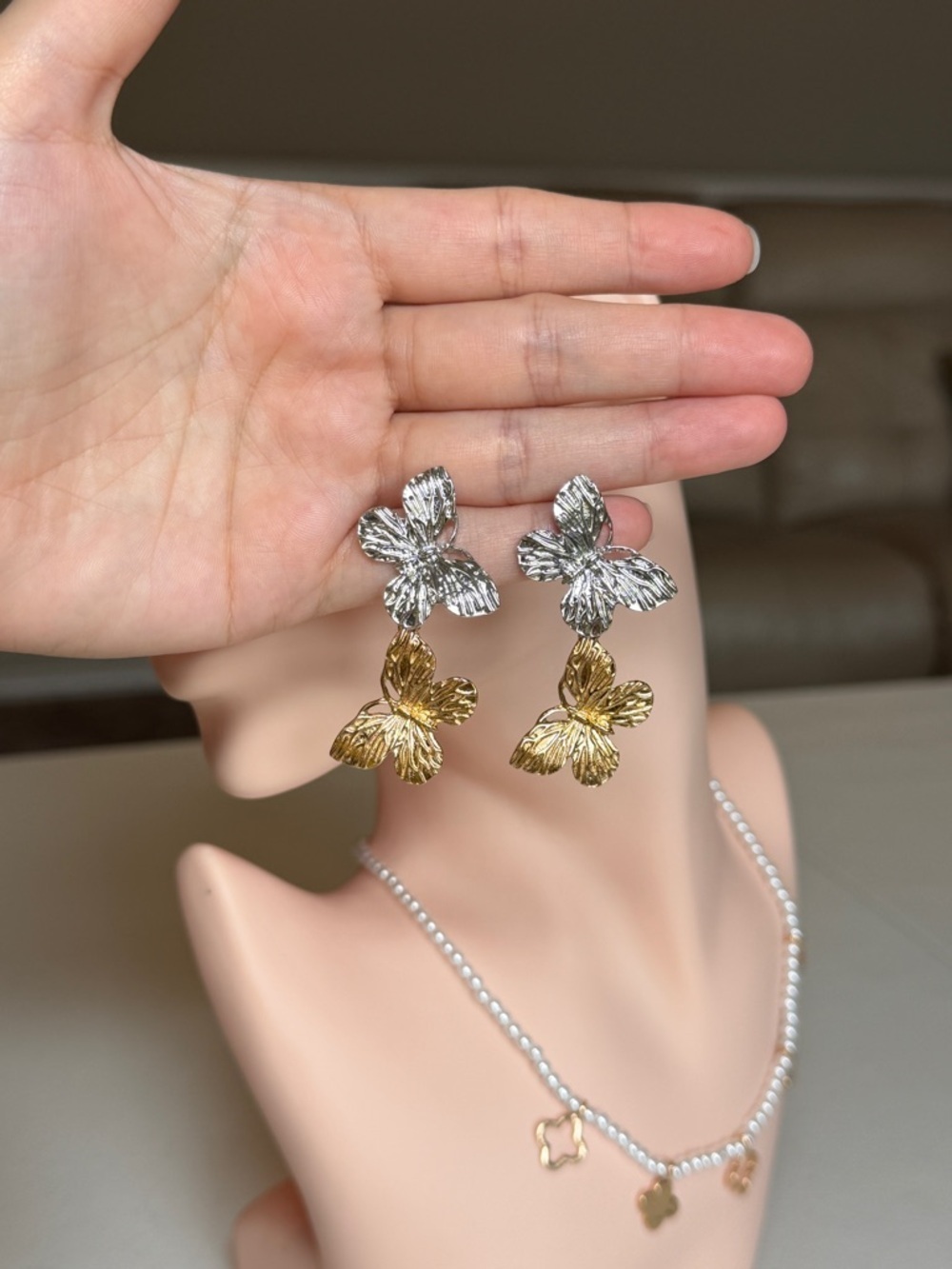 Silver and Gold Butterfly Statement Drop Earrings - Picture 8 of 9